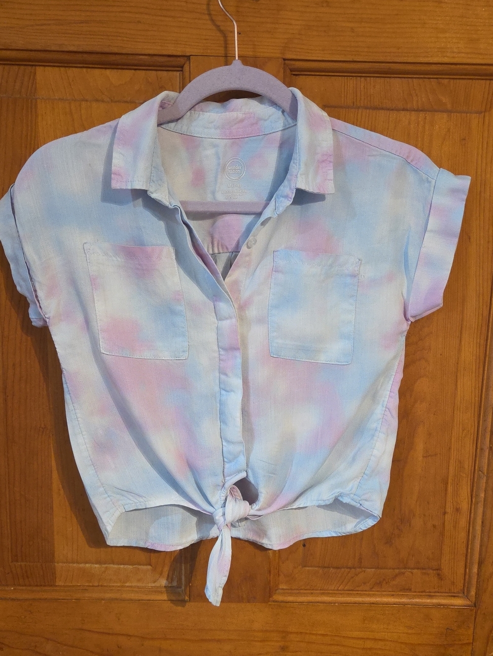 wonder nation Pastel Tie-Dye Button-Front Tie Hem Shirt